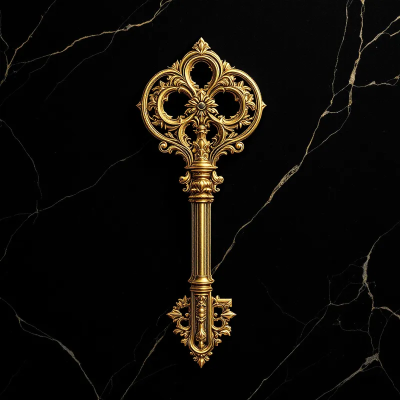 Engraved gold key on black marble