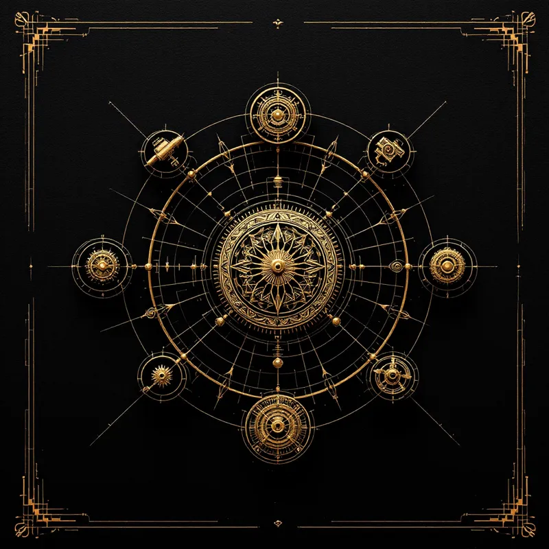 Engraved gold node connected to a ring of brass instruments