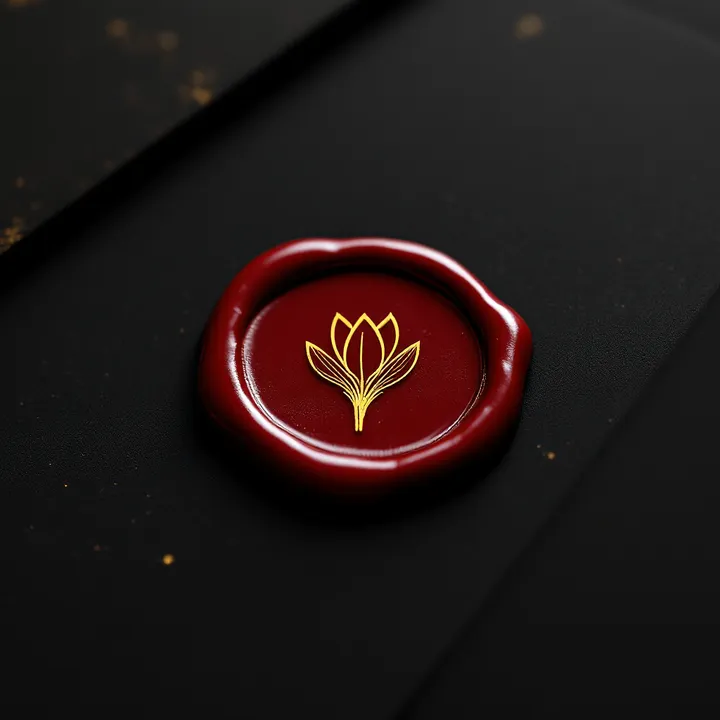 A deep red wax seal embossed with a saffron crocus, pressed onto dark documents