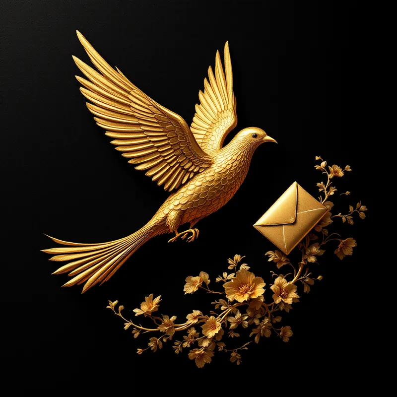 Engraved gold bird carrying a sealed envelope